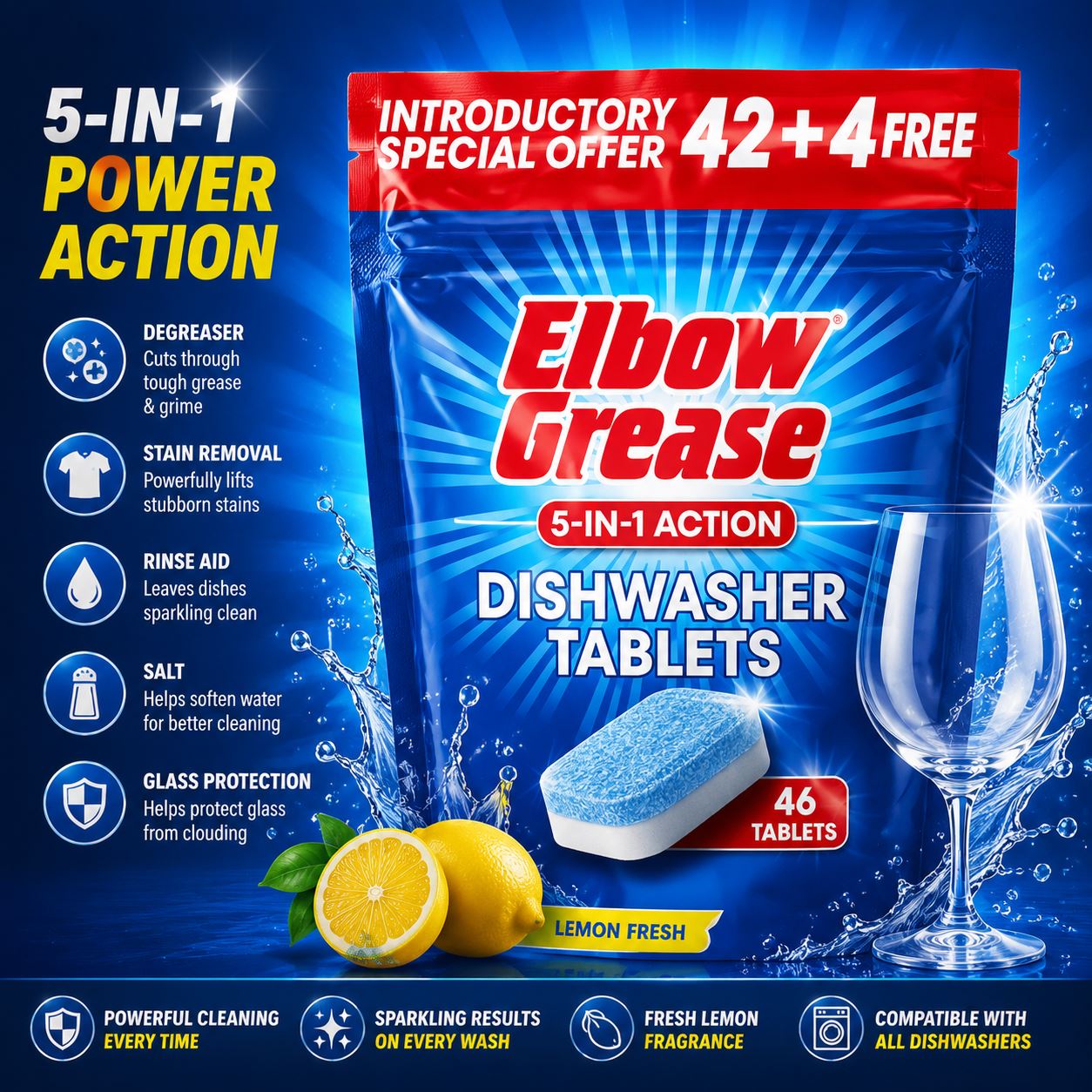 Elbow Grease 5-in-1 dishwasher tablets in a blue pack with lemon freshness for powerful cleaning