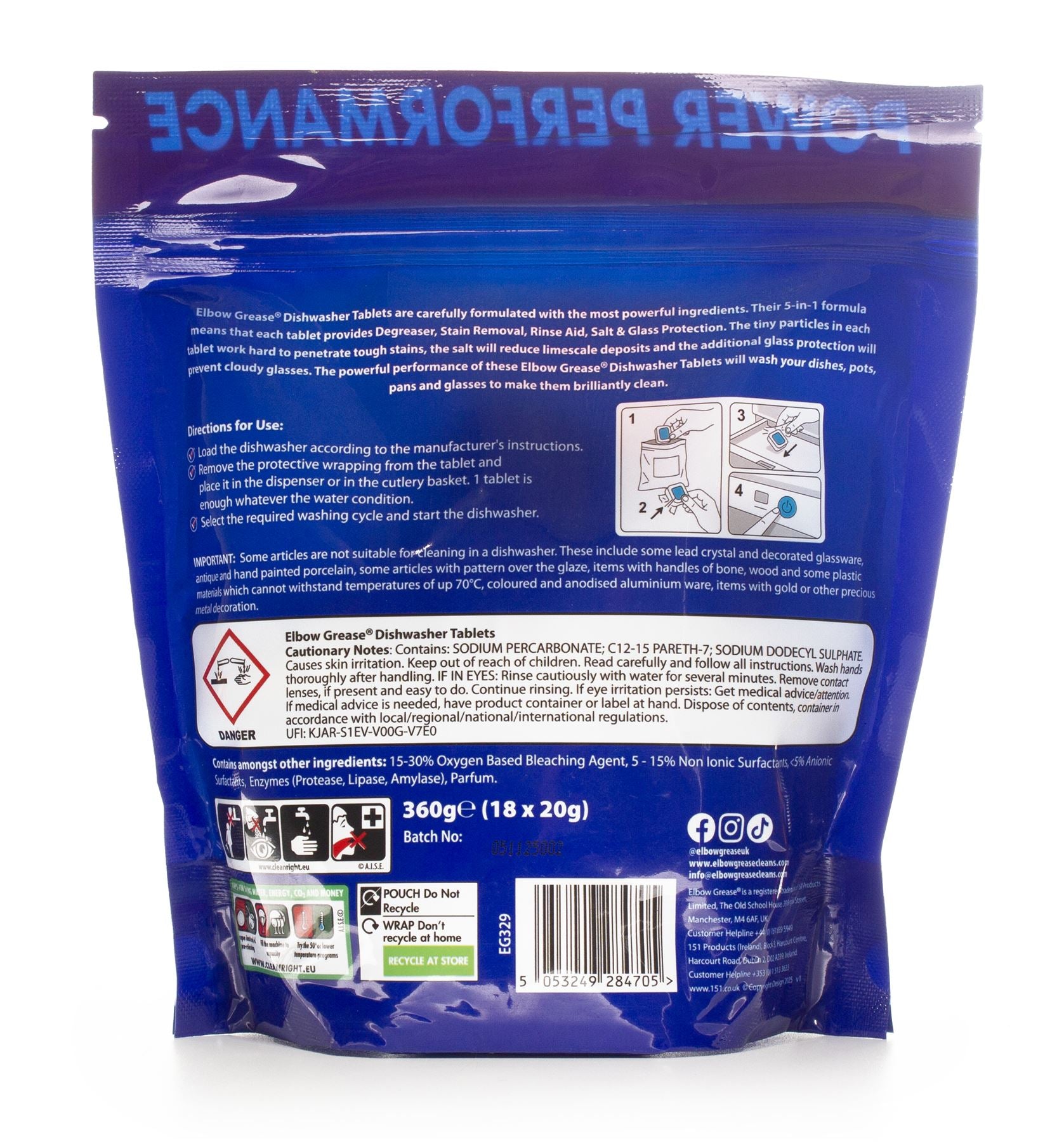 Elbow Grease Dishwasher Tablets in a 360g pack for powerful cleaning and grease removal