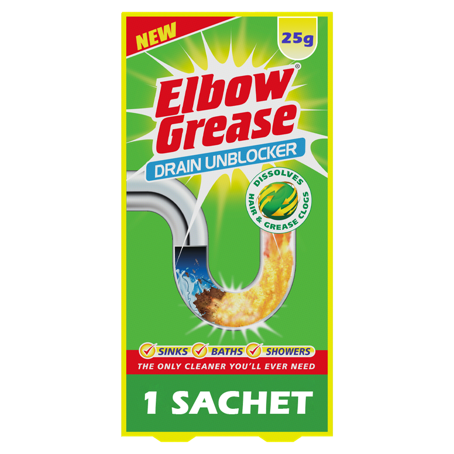 Elbow Grease drain unblocker sachets designed to dissolve grease in sinks, baths, and showers