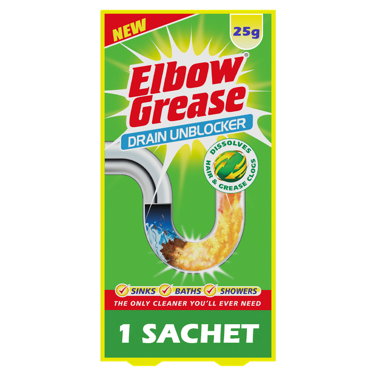Elbow Grease drain unblocker sachets designed to dissolve grease in sinks, baths, and showers