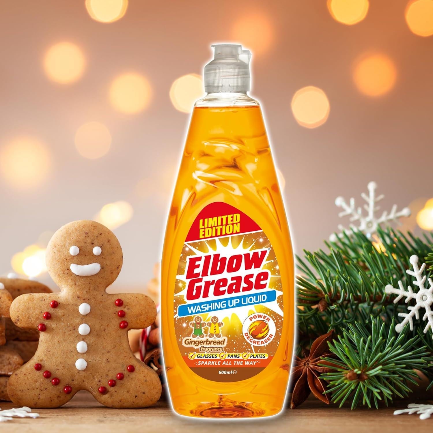 Elbow Grease gingerbread washing up liquid in a festive setting with gingerbread cookies and holiday decor