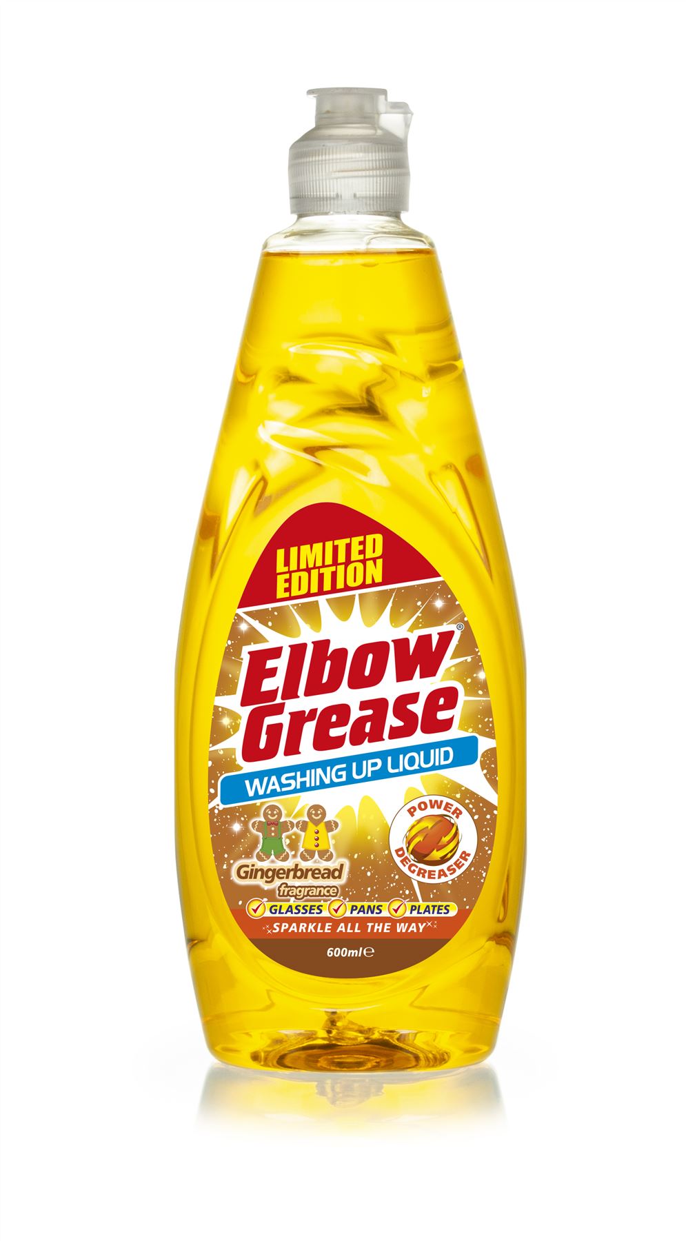 Elbow Grease gingerbread washing up liquid in a yellow bottle with a resealable cap for festive cleaning