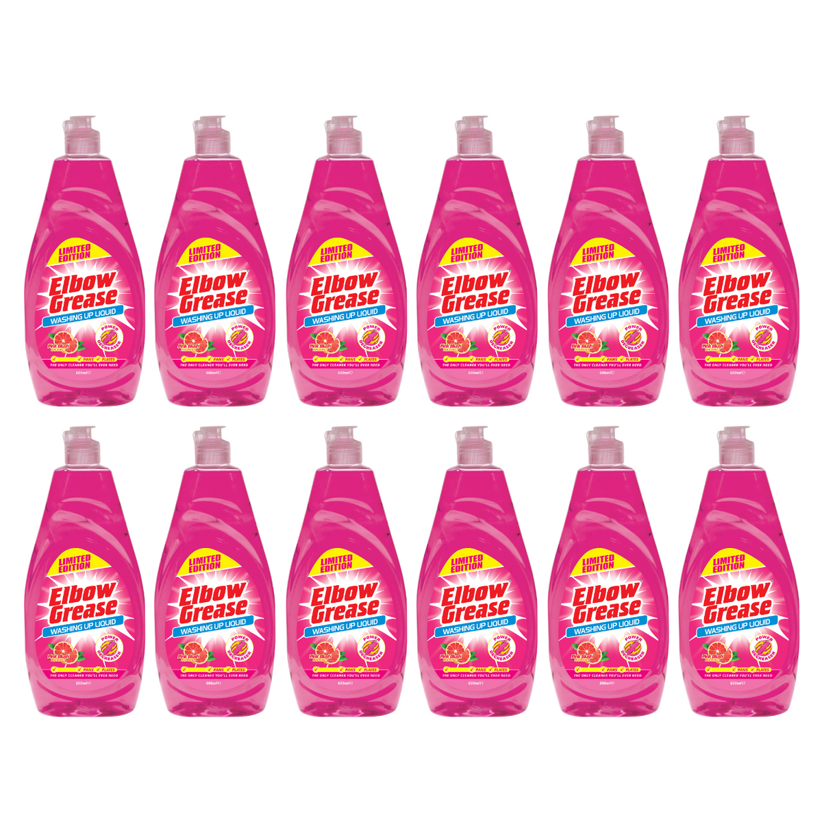 Collection of Elbow Grease pink blush washing up liquid bottles for effective dish cleaning