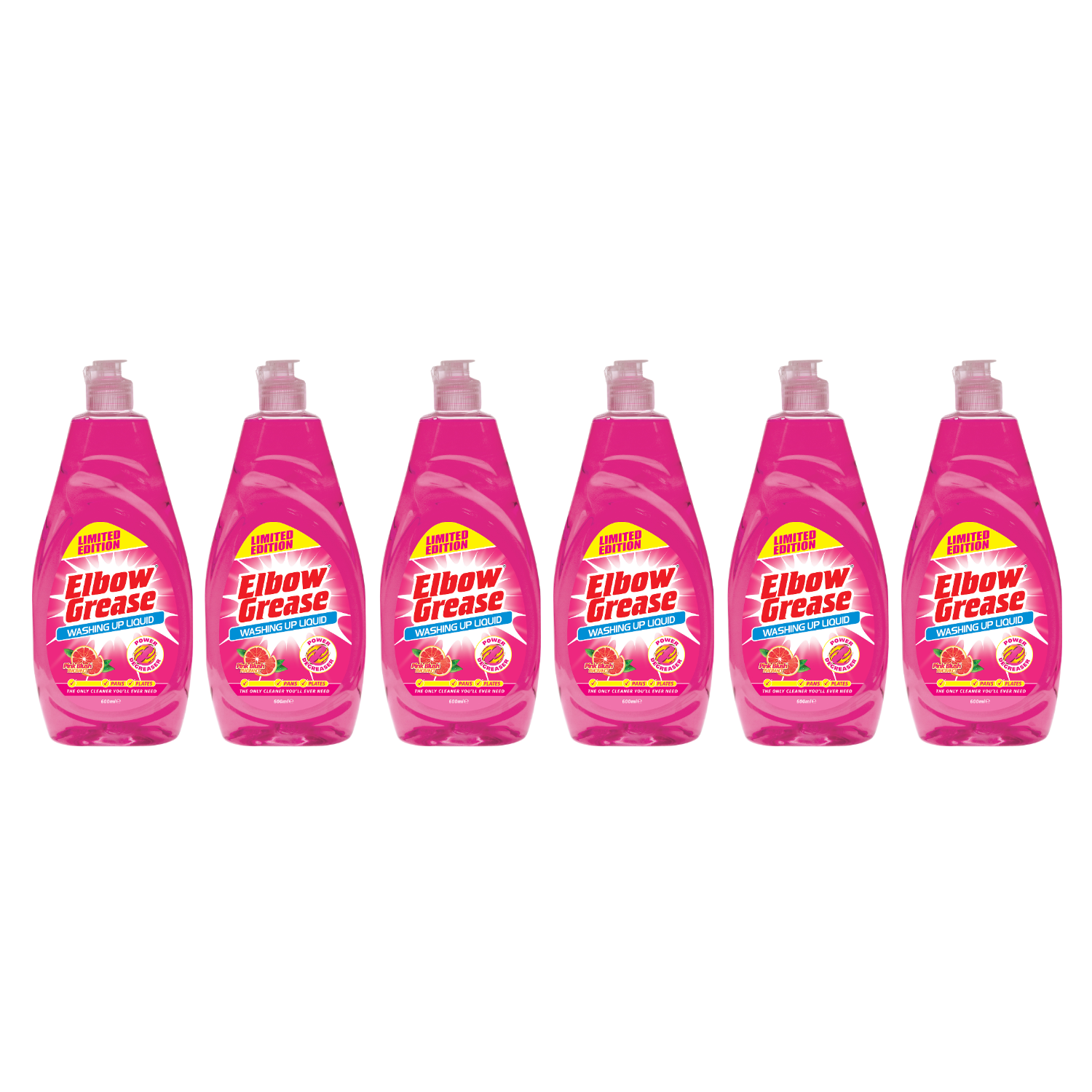 Elbow Grease Pink Blush washing up liquid bottles in a row for effective dish cleaning