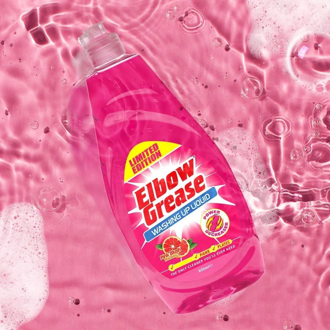 Elbow Grease Pink Blush washing up liquid in a vibrant bottle against a pink water background