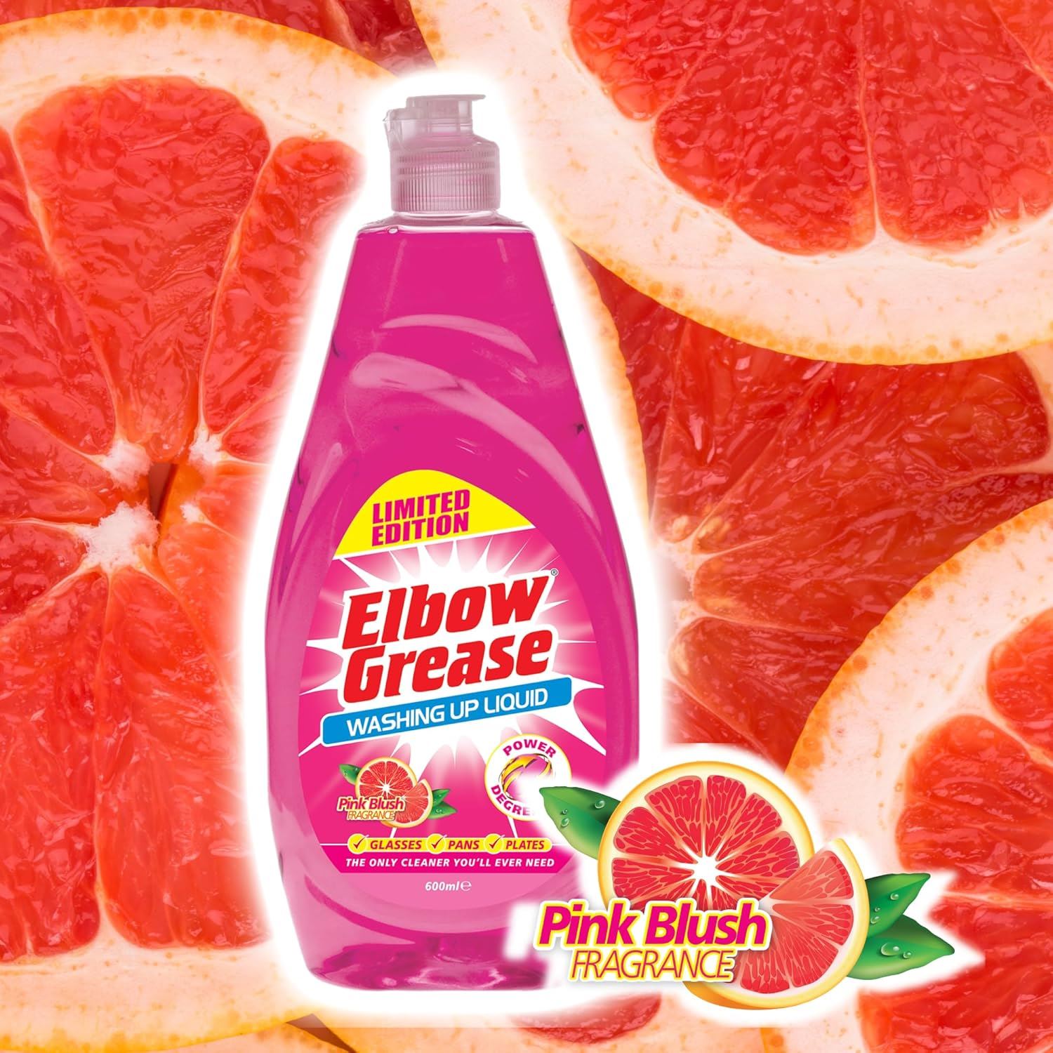Elbow Grease pink blush washing up liquid in a striking bottle with grapefruit background