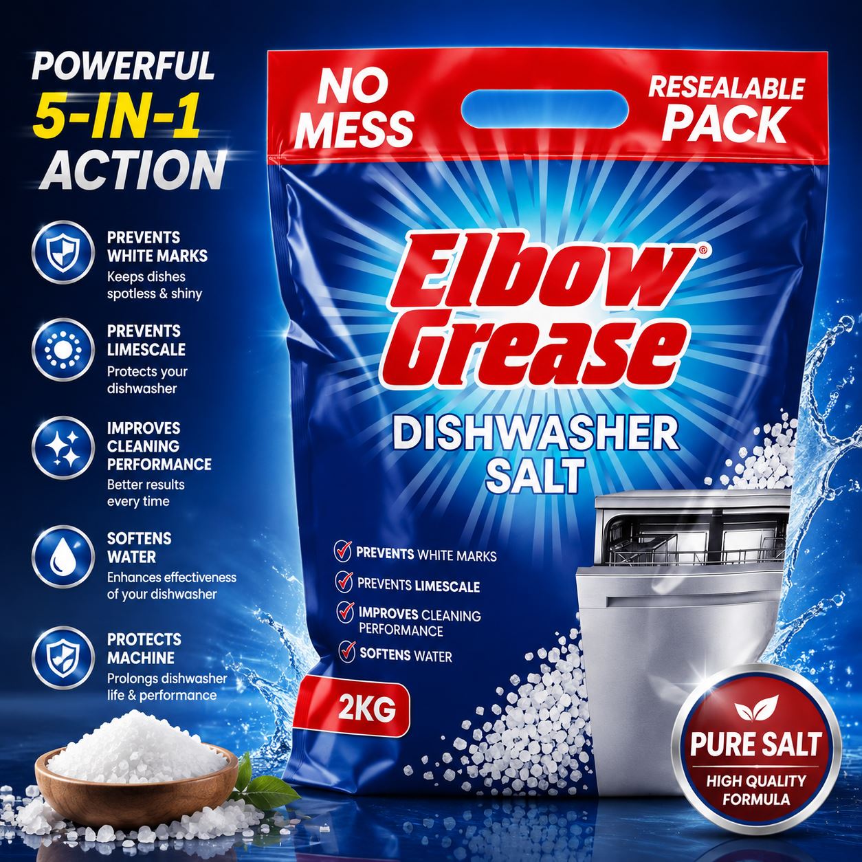 Elbow Grease Dishwasher Salt 2kg in resealable pack for effective cleaning and machine protection, salt for the dishwasher