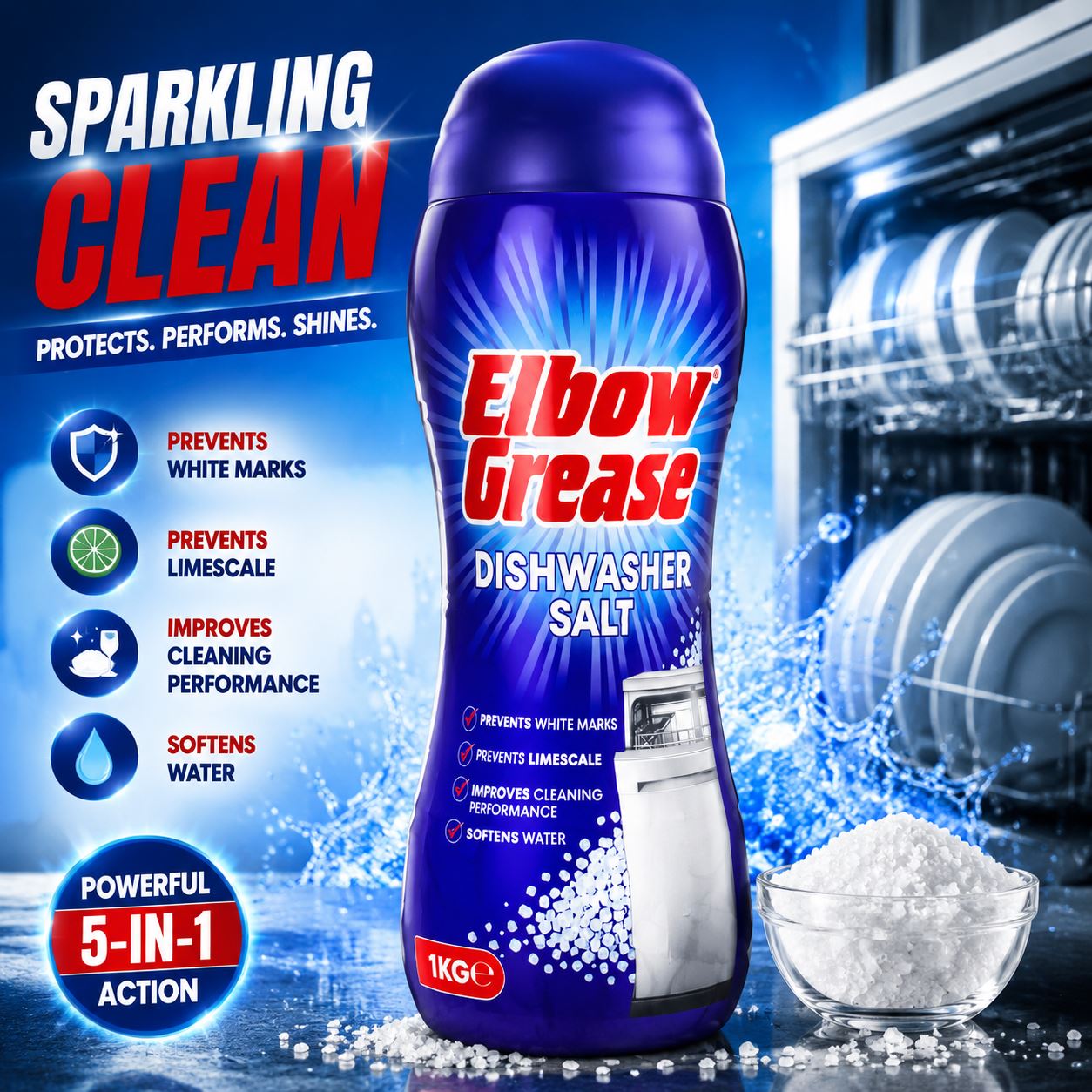Elbow Grease Dishwasher Salt to prevent white marks and improve cleaning performance for sparkling results
