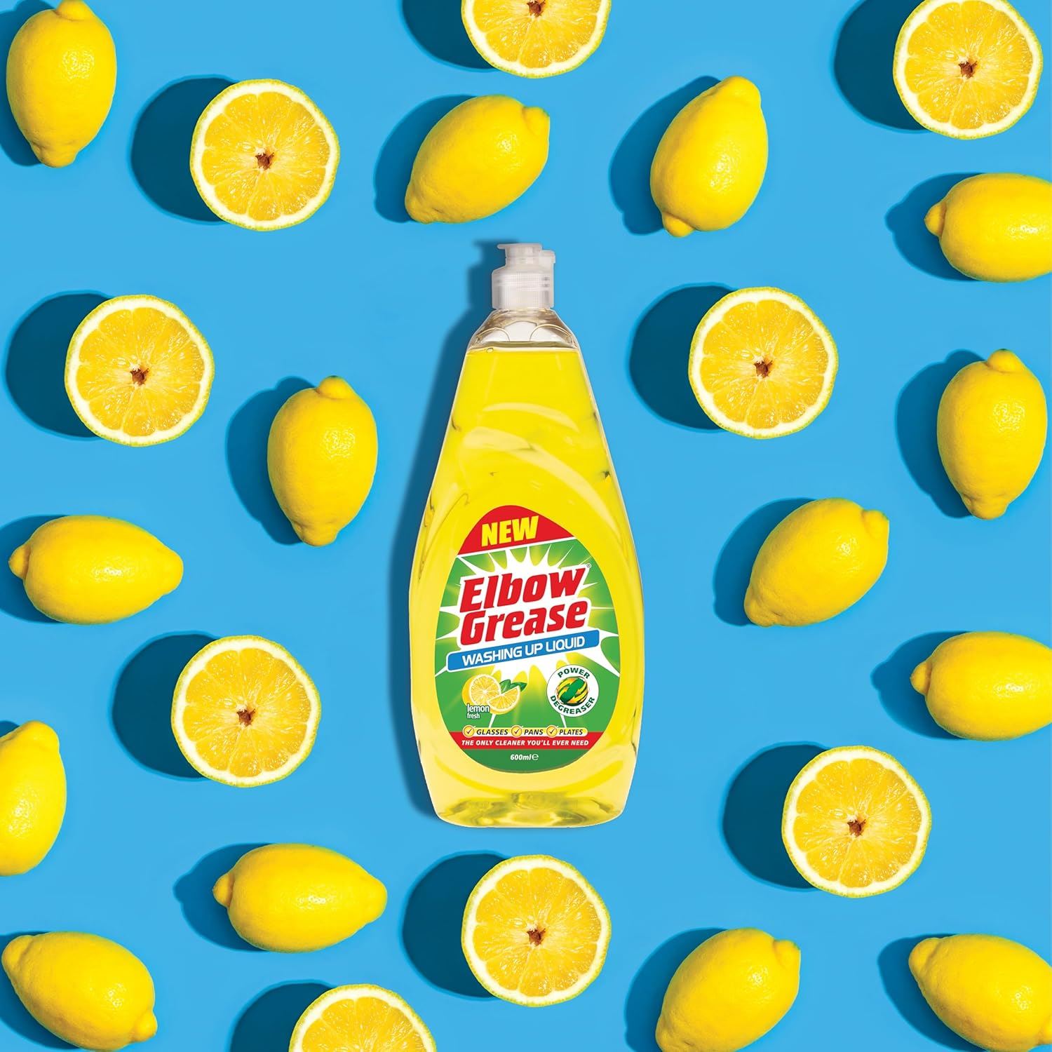 Elbow Grease washing up liquid bulk buy in a bottle surrounded by lemons against a blue background