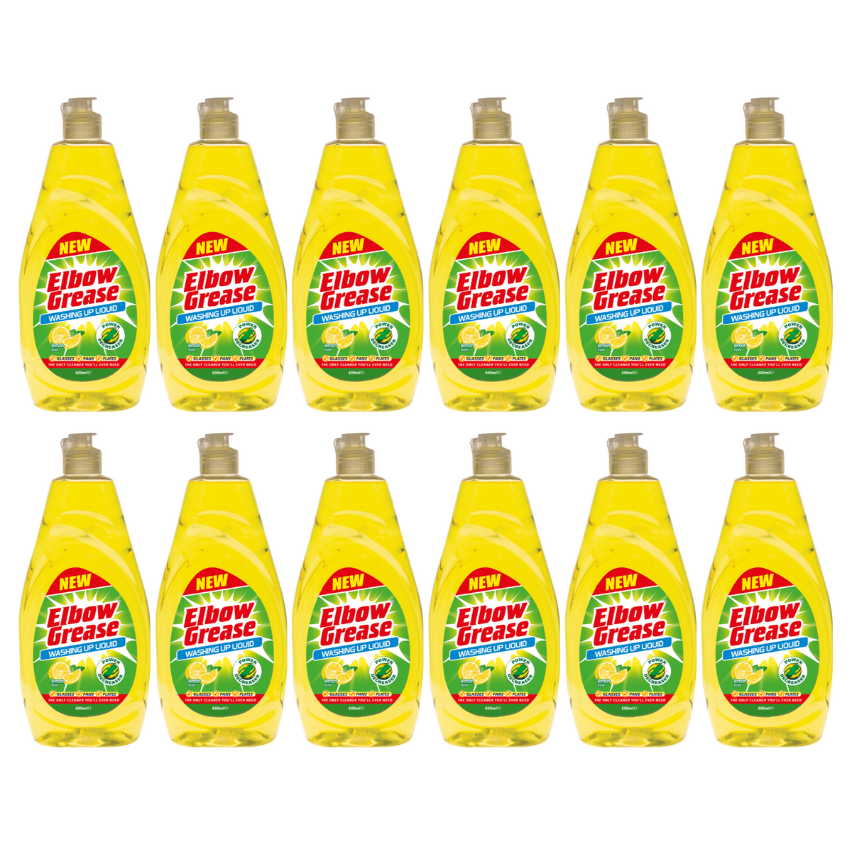 Elbow Grease washing up liquid bulk buy pack featuring twelve bottles for effective cleaning