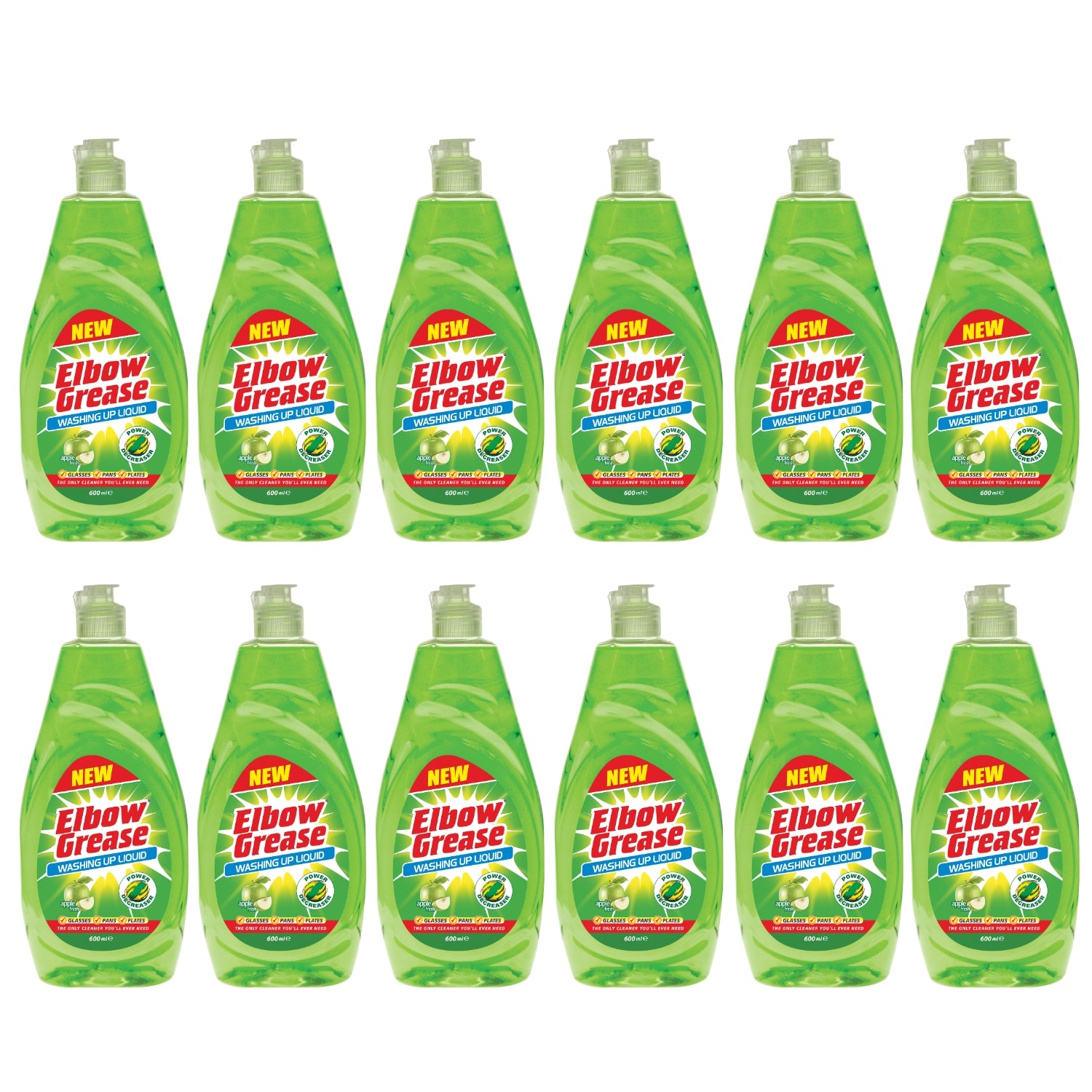 Pack of Elbow Grease washing up liquid bulk featuring 12 bottles for effective dish cleaning