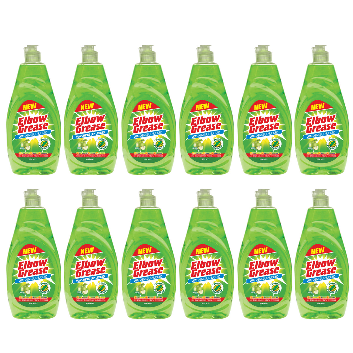 Pack of Elbow Grease washing up liquid bulk featuring 12 bottles for effective dish cleaning