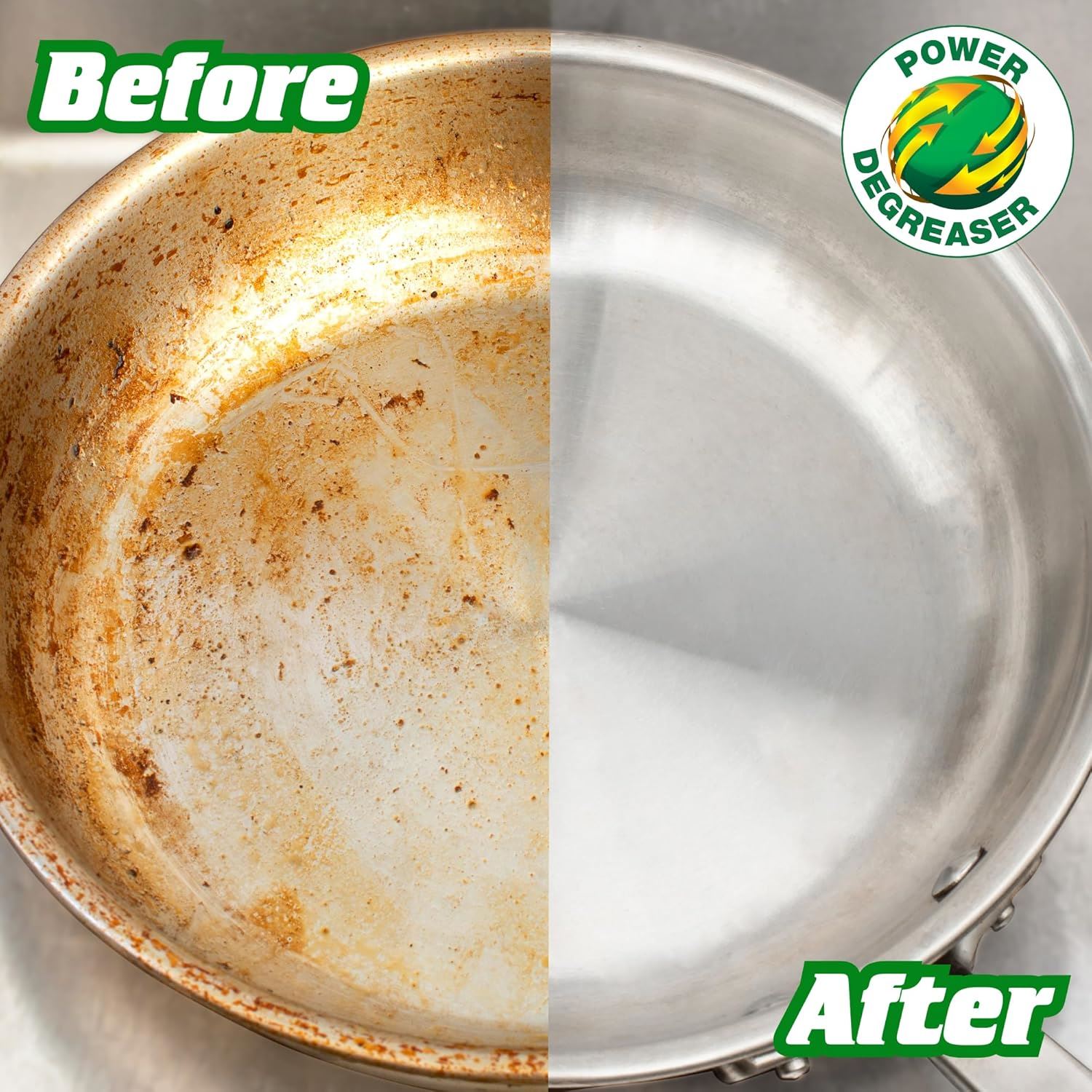 Elbow Grease washing up liquid eucalyptus shown cleaning greasy pan with before and after results