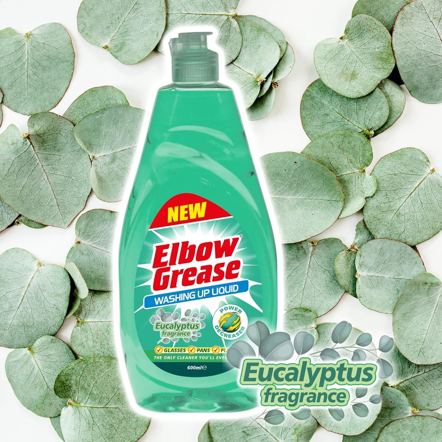 Elbow Grease washing up liquid in a green bottle with eucalyptus fragrance for effective grease removal