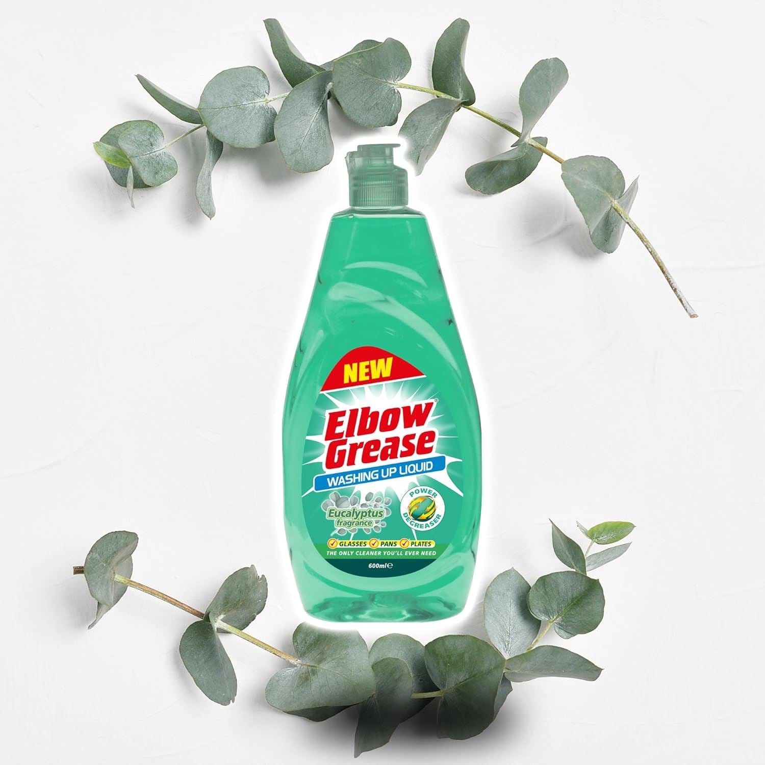 Elbow Grease washing up liquid in a green bottle surrounded by eucalyptus leaves