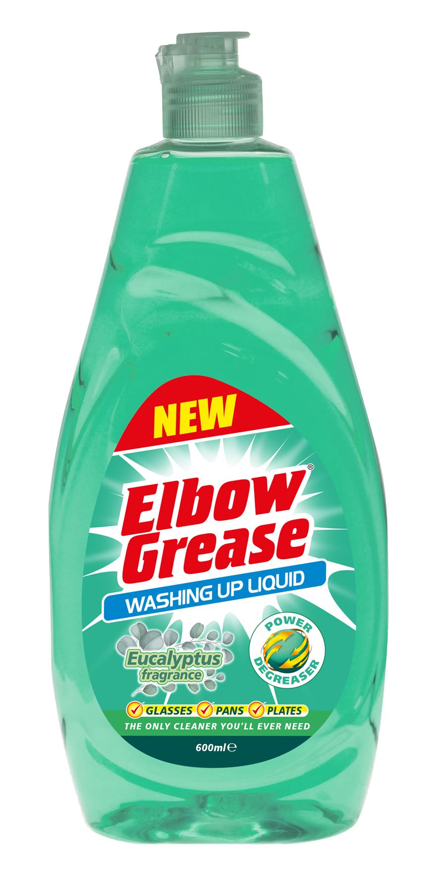Elbow Grease washing up liquid in green bottle with eucalyptus fragrance for effective cleaning