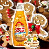 Elbow Grease washing up liquid in Gingerbread fragrance with festive gingerbread cookies in the background