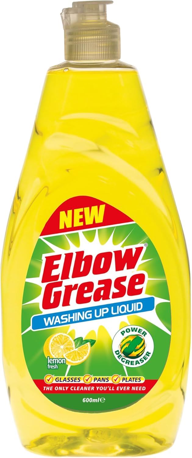 Elbow Grease washing up liquid lemon in a yellow bottle with a flip cap for effective dish cleaning