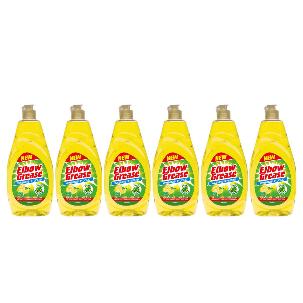 Six bottles of Elbow Grease washing up liquid lemon for effective dish cleaning and grease removal