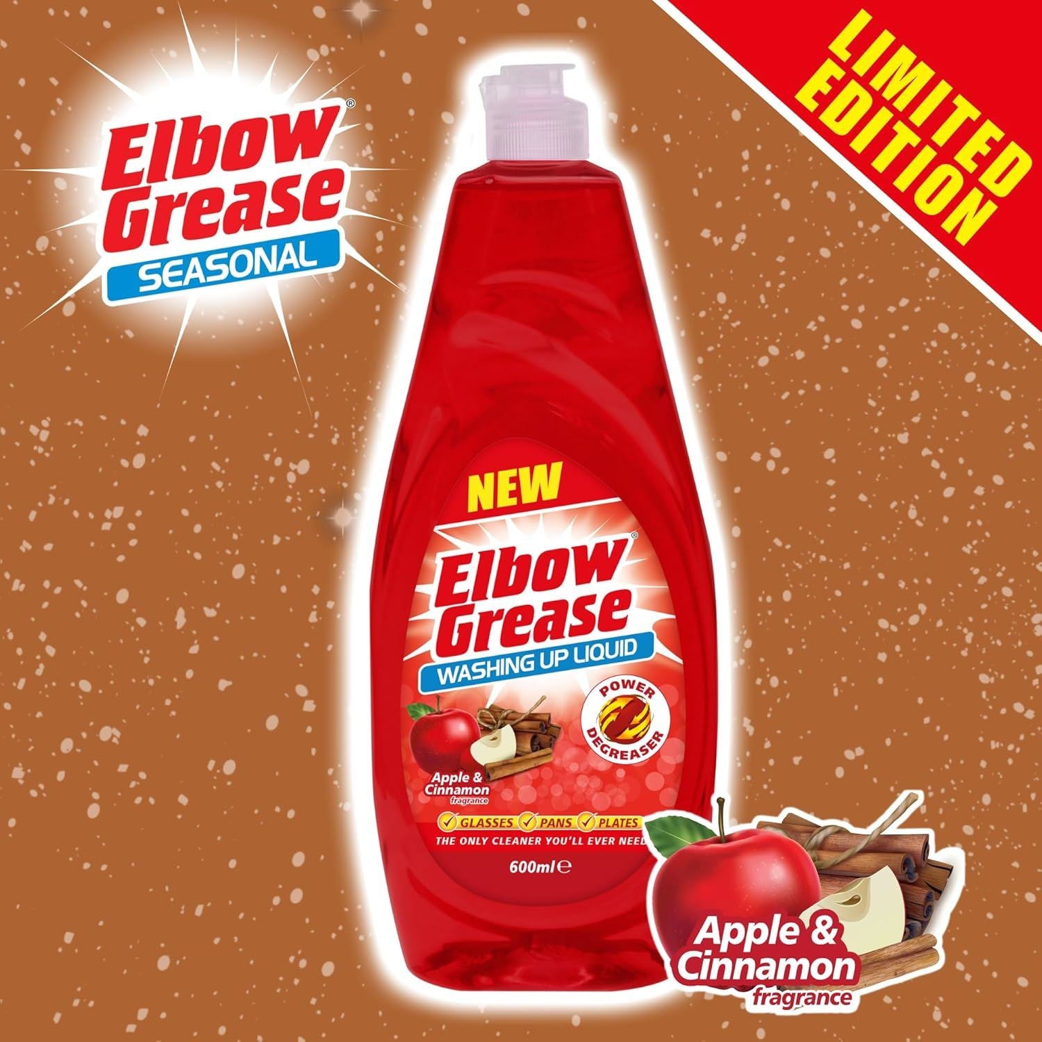 Elbow Grease washing up liquid in red bottle with apple and cinnamon fragrance for effective cleaning
