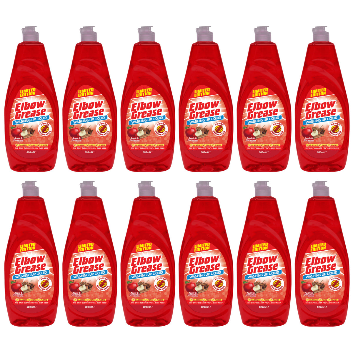 Pack of Elbow Grease washing up liquid bottles in red for effective dish cleaning