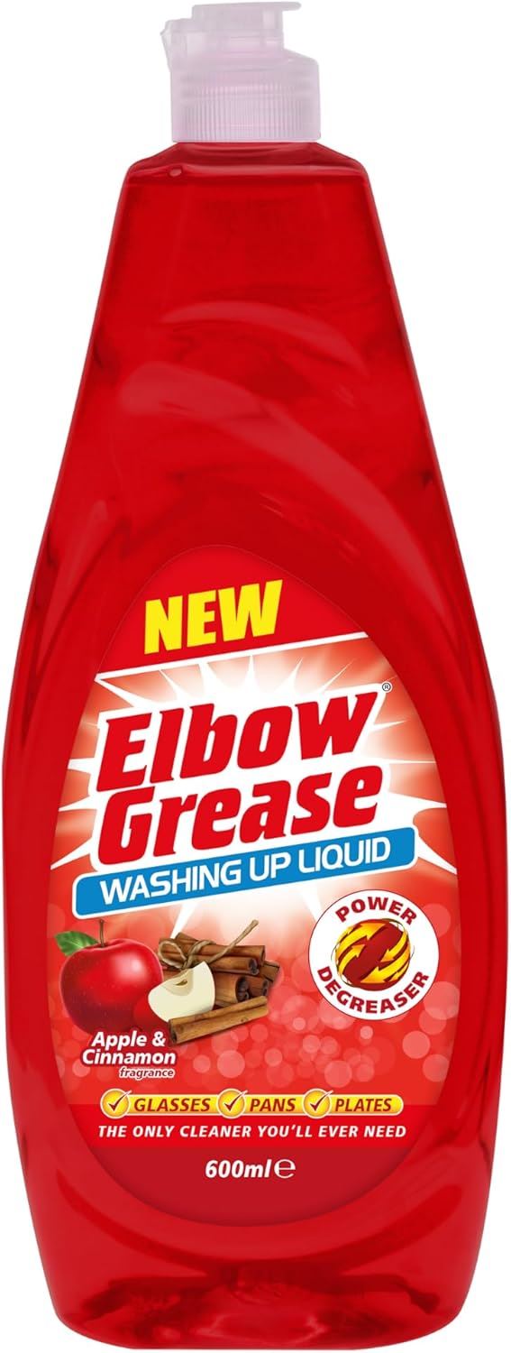 Elbow Grease washing up liquid in a red bottle with apple and cinnamon scent for tough grease removal