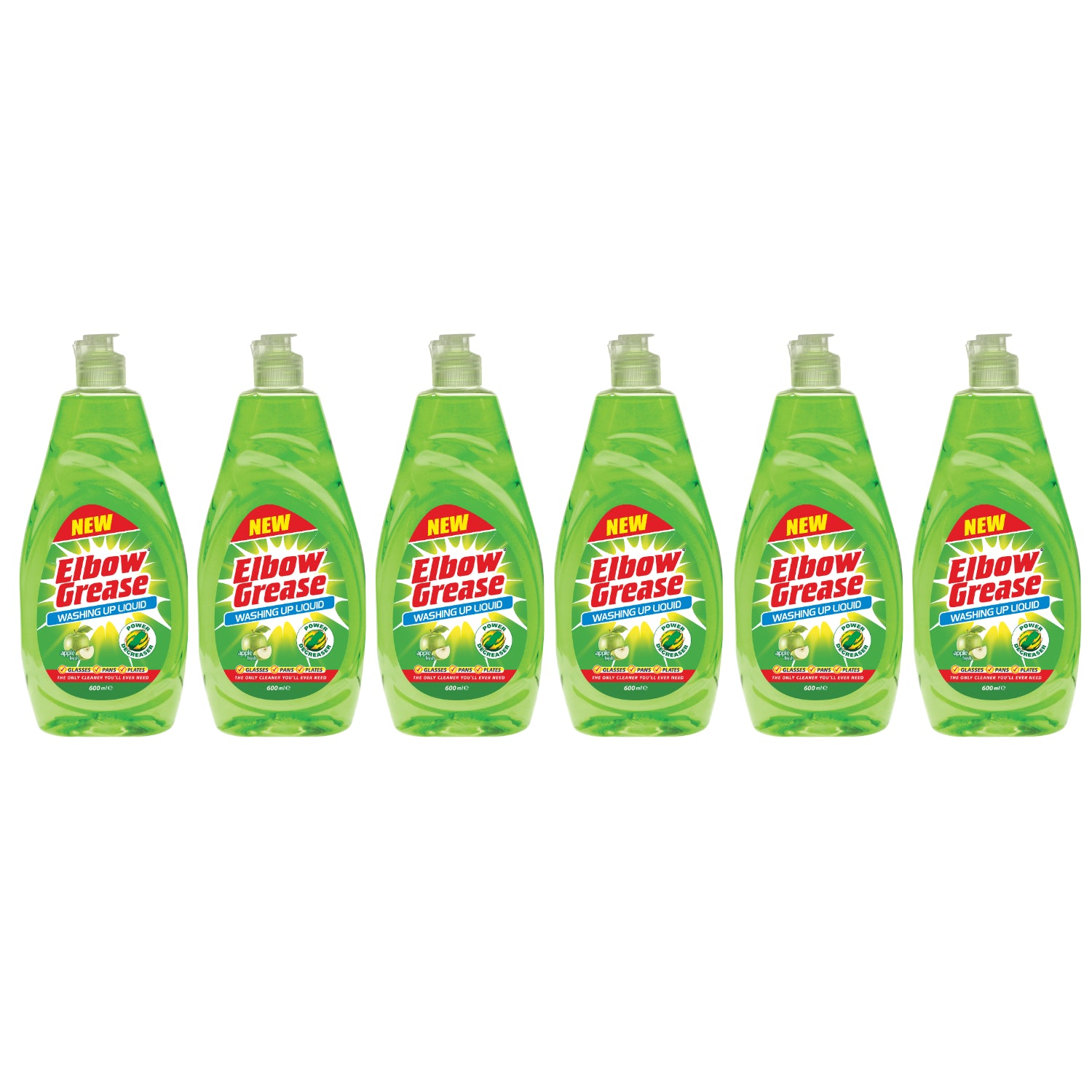 Six bottles of Elbow Grease washing up liquid in bright green packaging for effective dish cleaning
