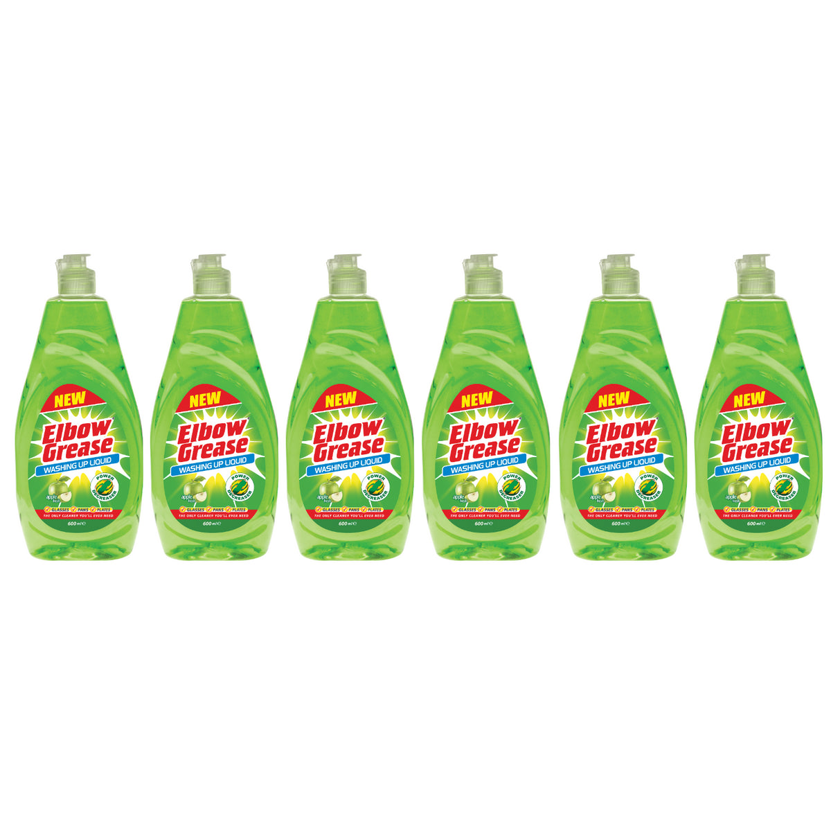 Six bottles of Elbow Grease washing up liquid in bright green packaging for effective dish cleaning