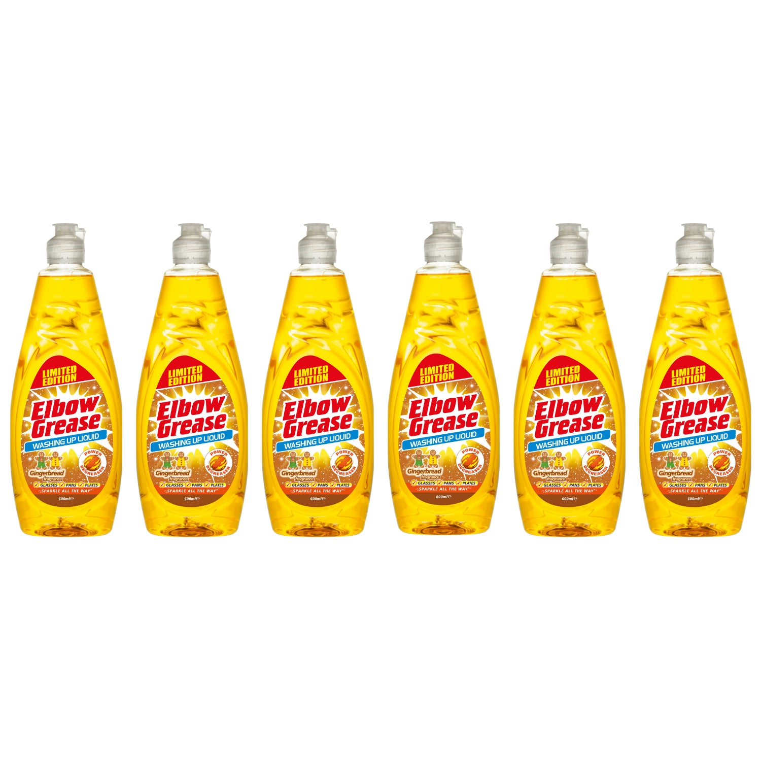 Six bottles of Elbow Grease washing up liquid in a bright yellow packaging for effective dish cleaning