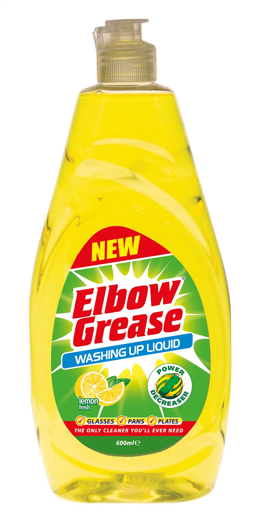 Elbow Grease washing up liquid in yellow bottle with lemon scent designed for effective cleaning