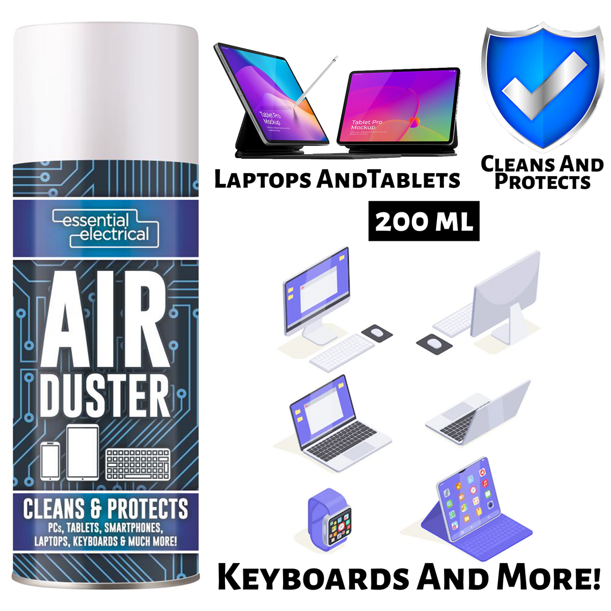 Essential Electrical air duster spray 200ml for cleaning laptops, tablets, and keyboards effectively