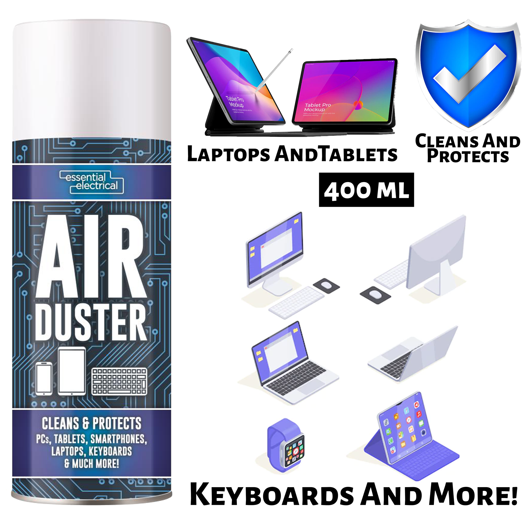 Essential Electrical air duster spray 400ml for cleaning laptops, tablets, keyboards and more