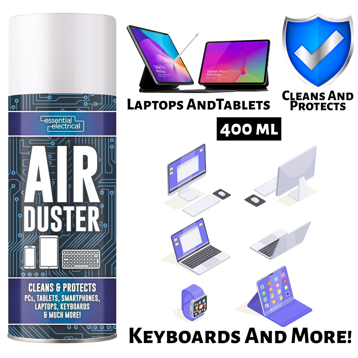 Essential Electrical air duster spray 400ml for cleaning laptops, tablets, keyboards and more