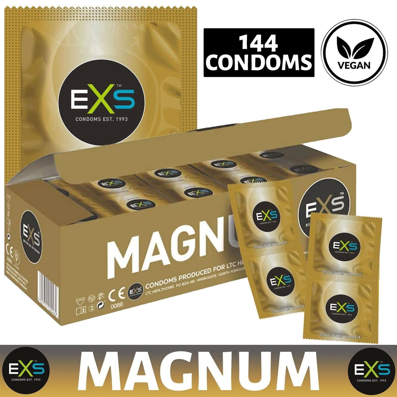 EXS Magnum condoms bulk pack with 144 vegan male condoms in gold packaging