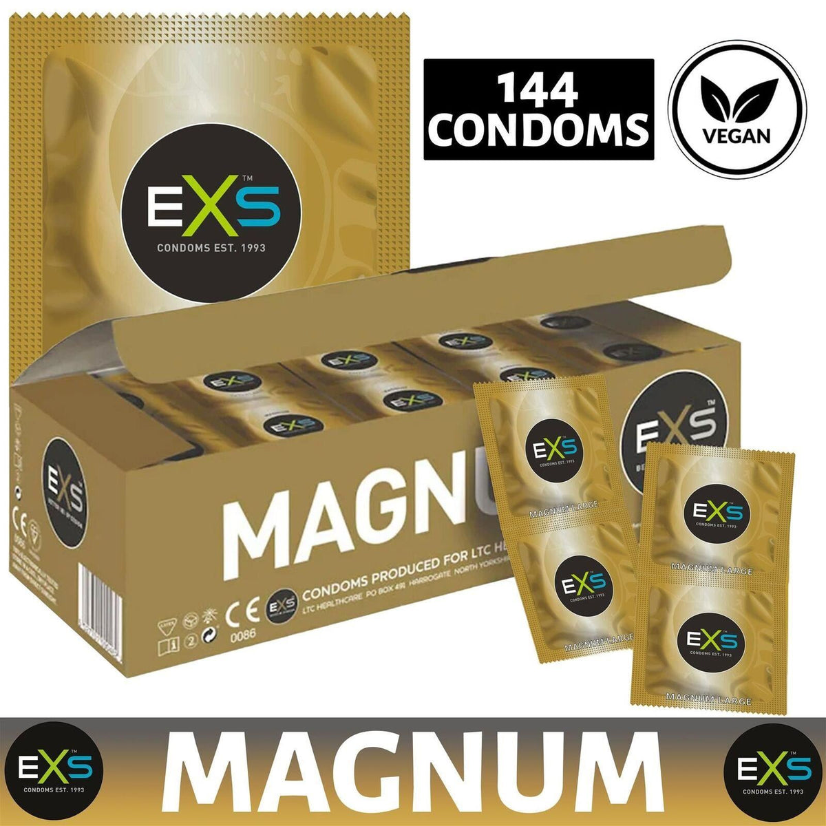 EXS Magnum condoms bulk pack with 144 vegan male condoms in gold packaging