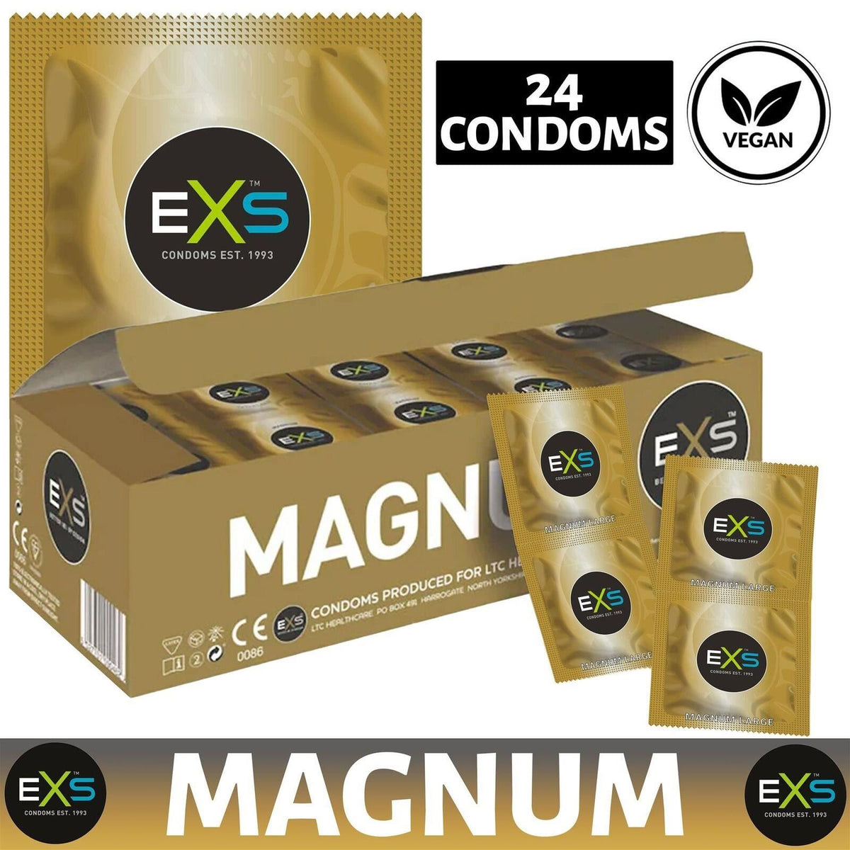 EXS Magnum condoms bulk purchase 24 vegan male condoms in gold packaging box
