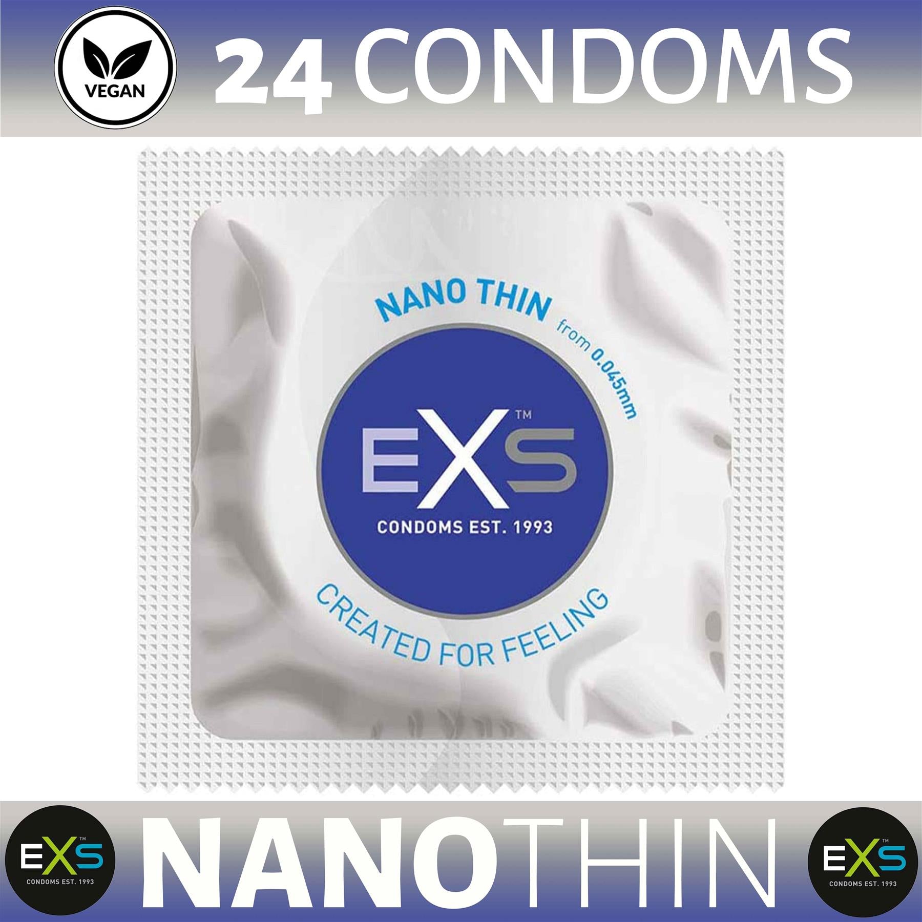 EXS nano thin condoms 24 pack vegan male condom in white packaging with blue logo