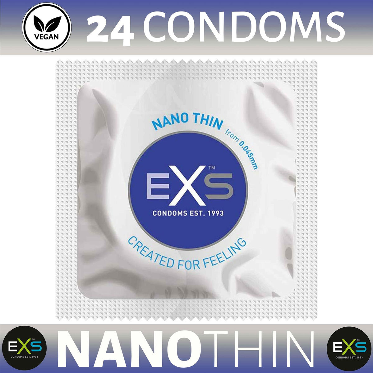 EXS nano thin condoms 24 pack vegan male condom in white packaging with blue logo