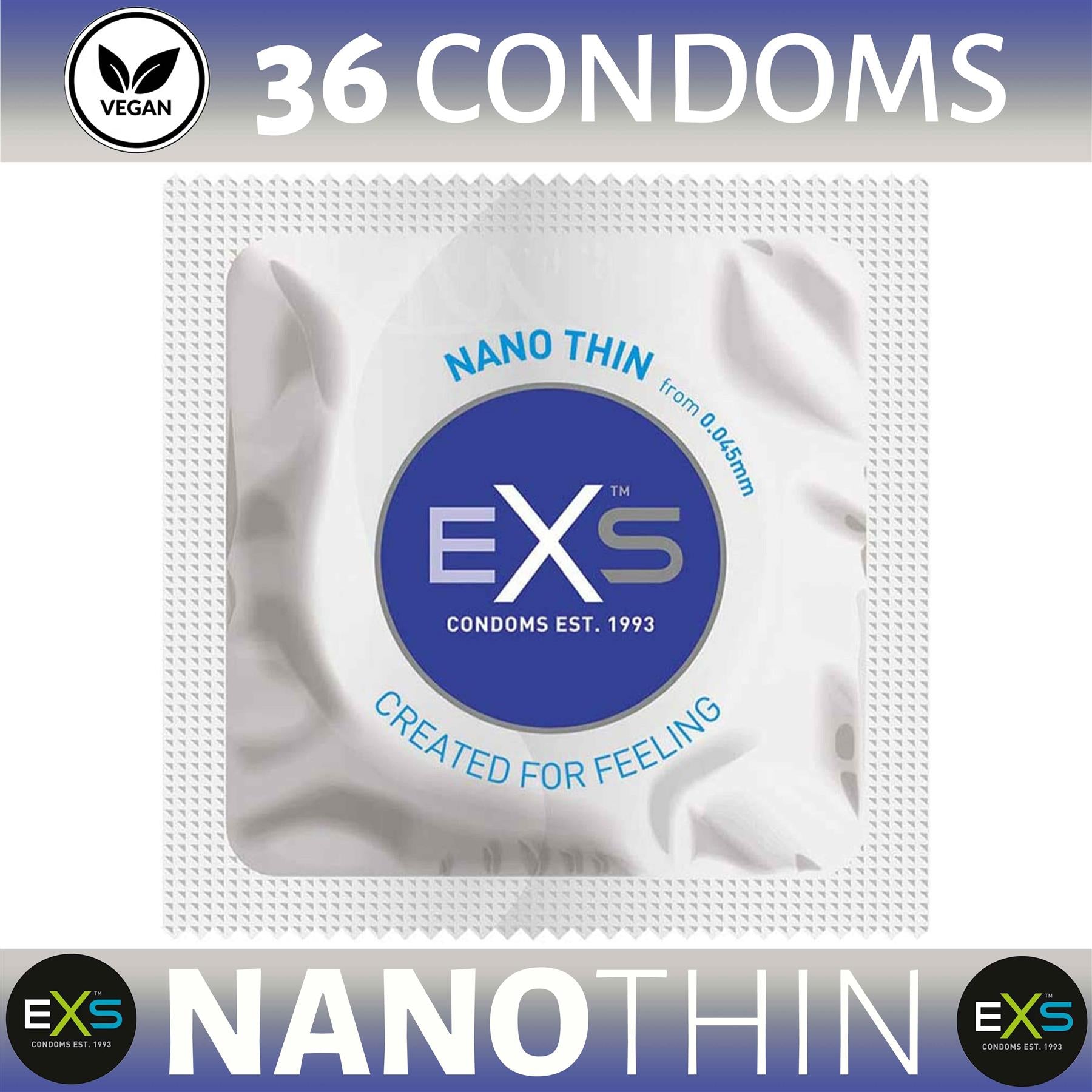 EXS nano thin condoms 36 pack with vegan label and single condom in silver packaging