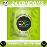 EXS ribbed condoms 24 pack with ribbed dotted and flared design for enhanced comfort and pleasure