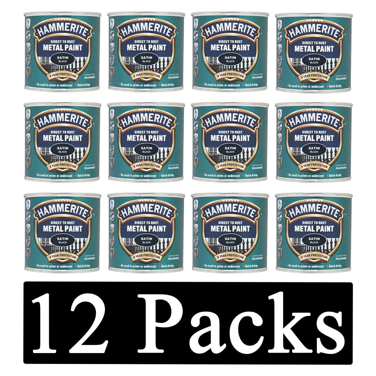 12X Hammerite Satin Black Paint 250ml Tin Paint