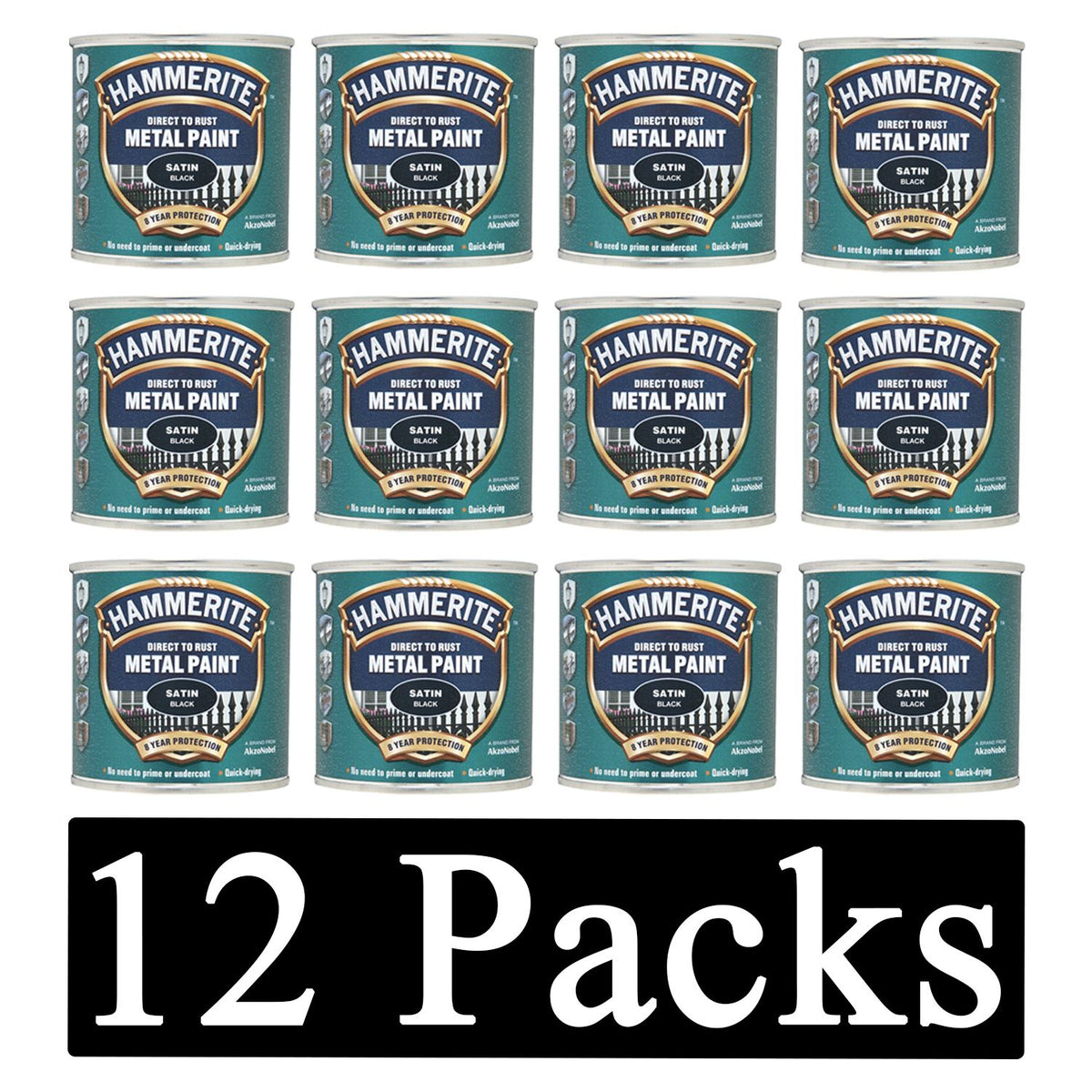 12X Hammerite Satin Black Paint 250ml Tin Paint