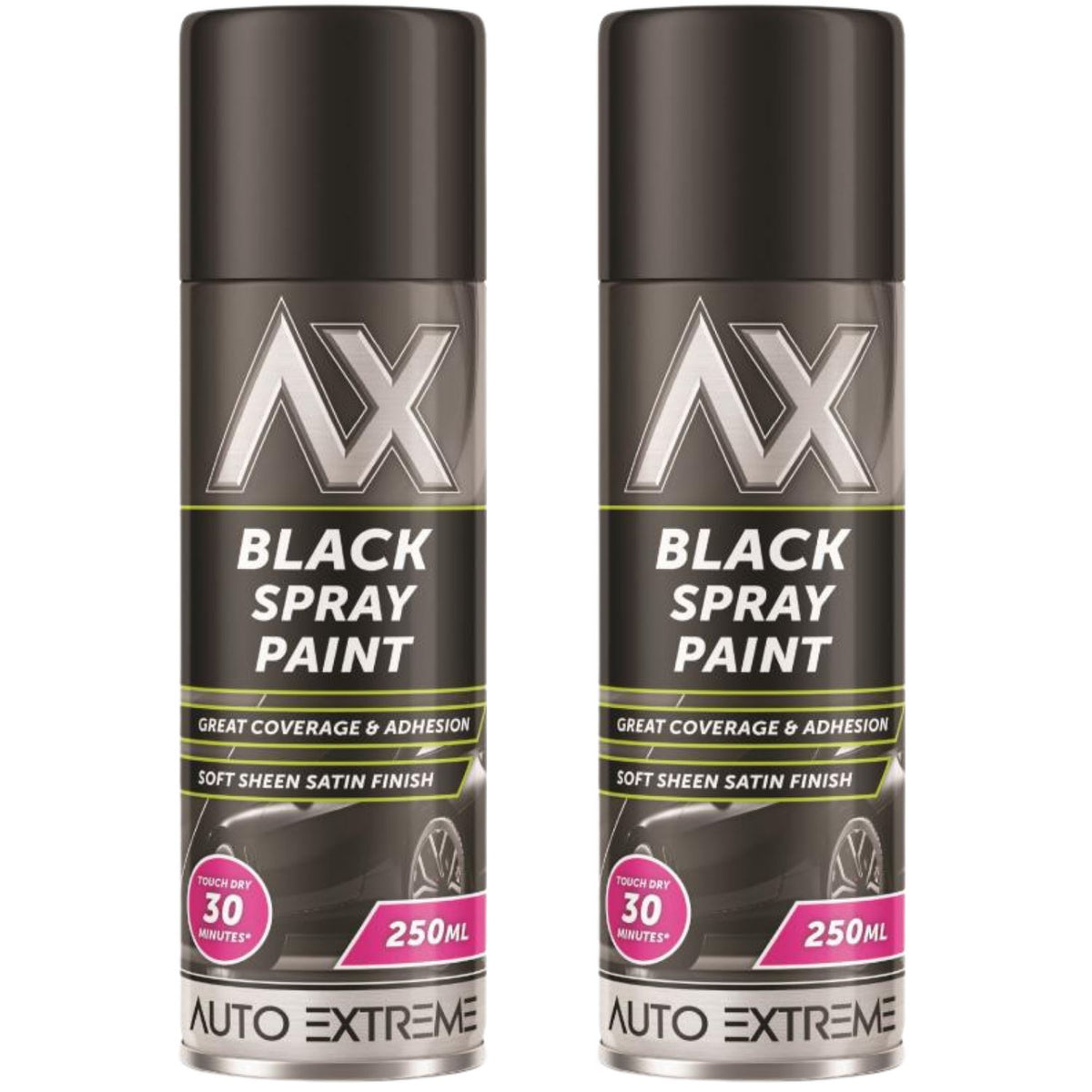 2X Auto Extreme Black Satin Spray Paint 250ml