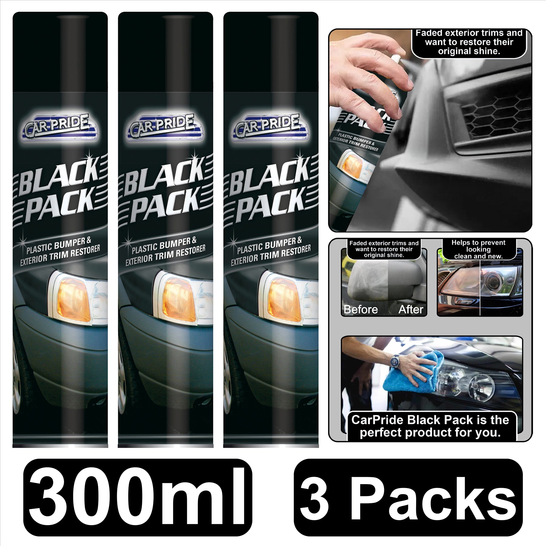 3X Black Plastic Bumper Restorer 300ml Spray Paint