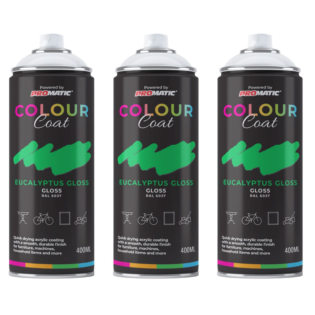 3X Eucalyptus RAL 6037 Gloss Spray Paint 400ml