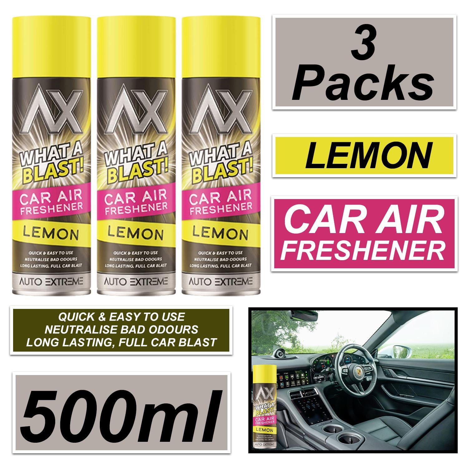 3X - What A Blast! Lemon Car Air Freshener Spray 500ml Car Air Freshener