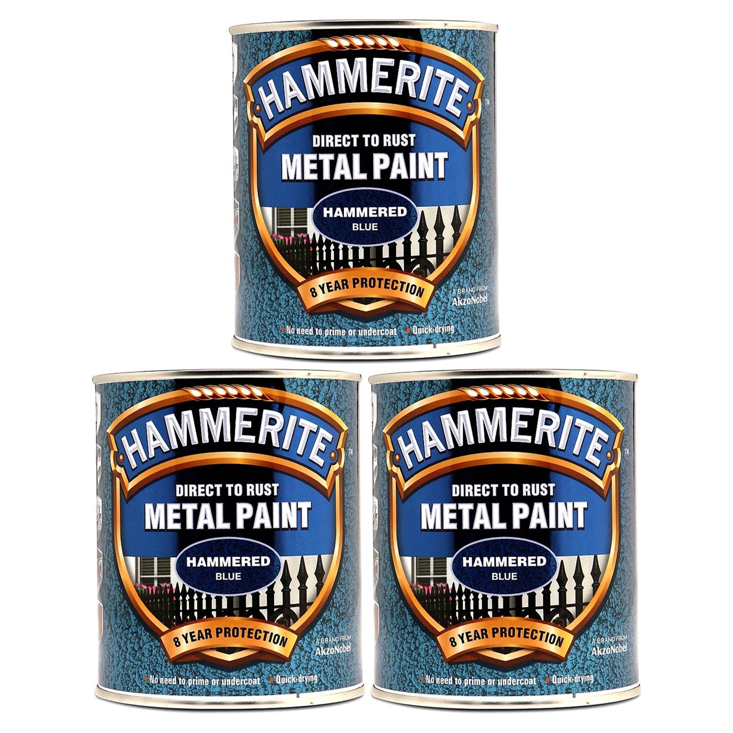 3X Hammerite Hammered Blue Paint 750ml Tin Paint