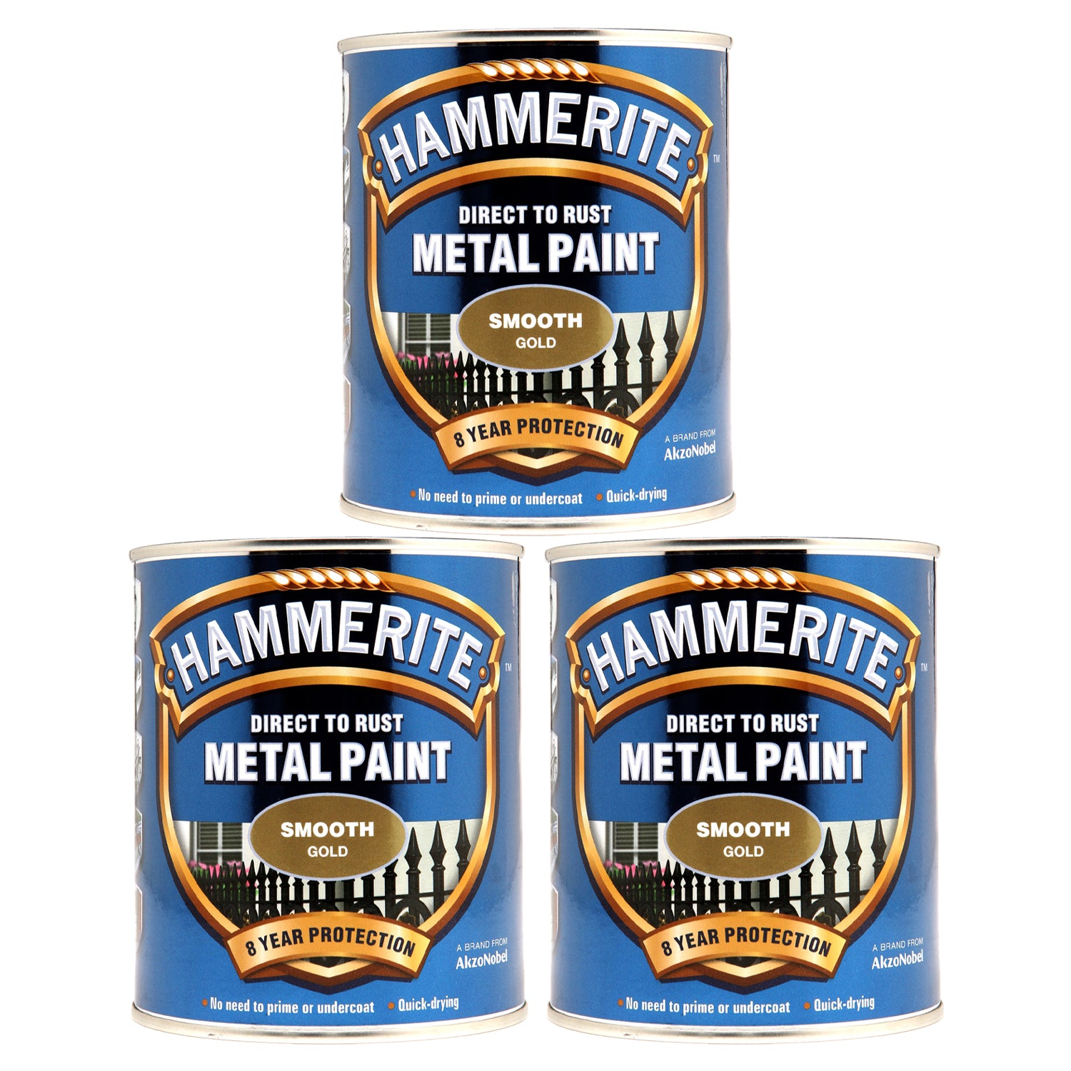 3X Hammerite Smooth Gold Paint 750ml Tin Paint