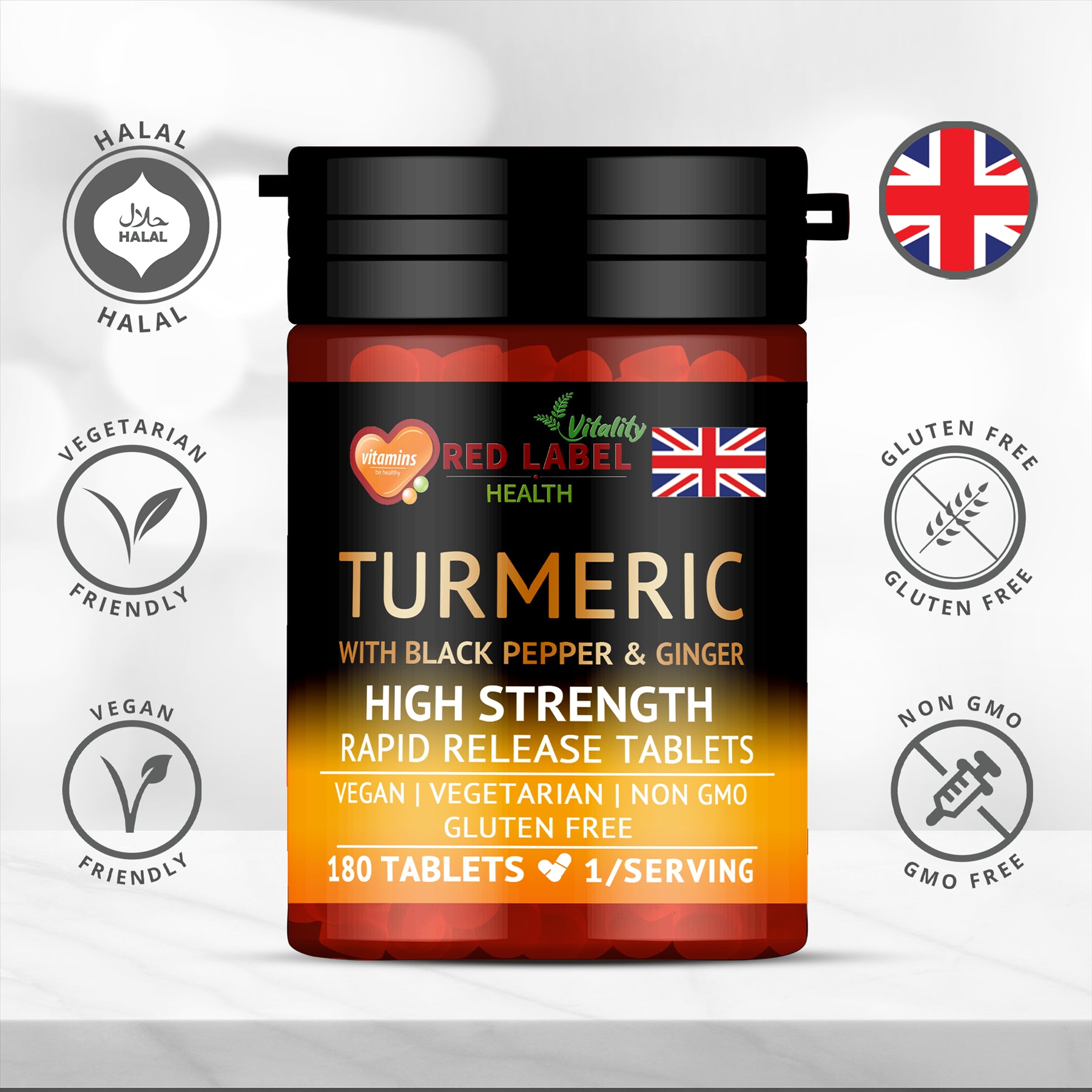 Turmeric with Black Pepper & Ginger 180 Tablets - 2620mg Turmeric
