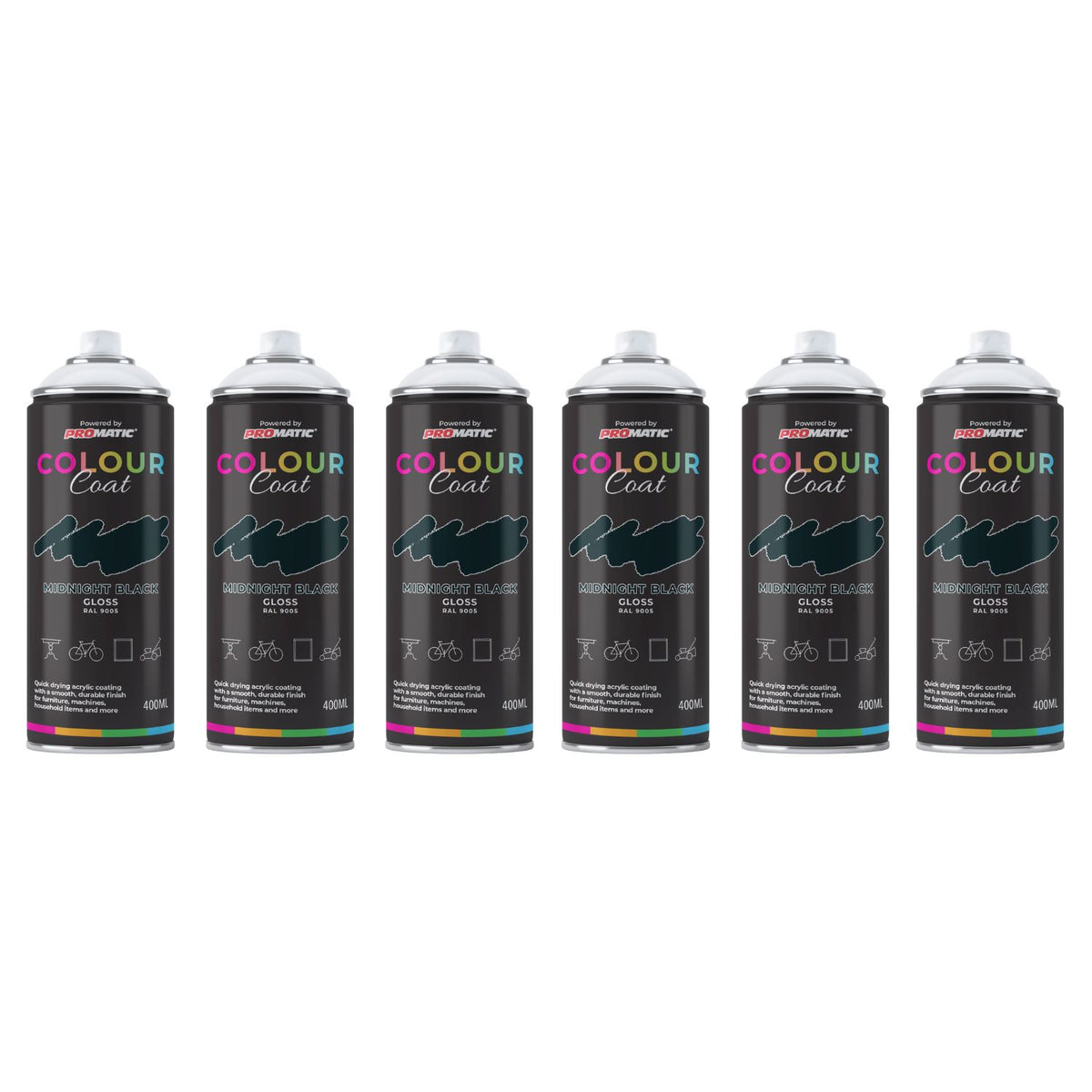 6X Midnight Black RAL 9005 Gloss Spray Paint 400ml